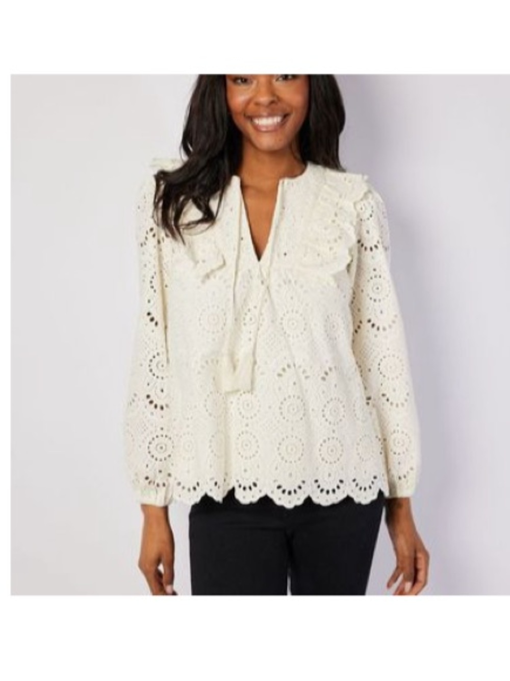 Sail to Sable Ivory Eyelet Ruffle Tassel Blouse xs